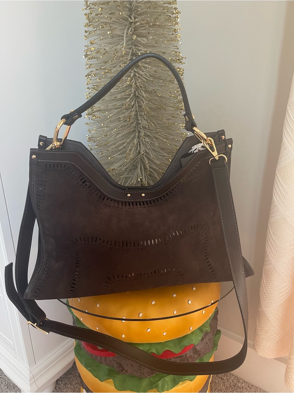 NWT Dark Brown Suede Shoulder Bag with Gold Accents
